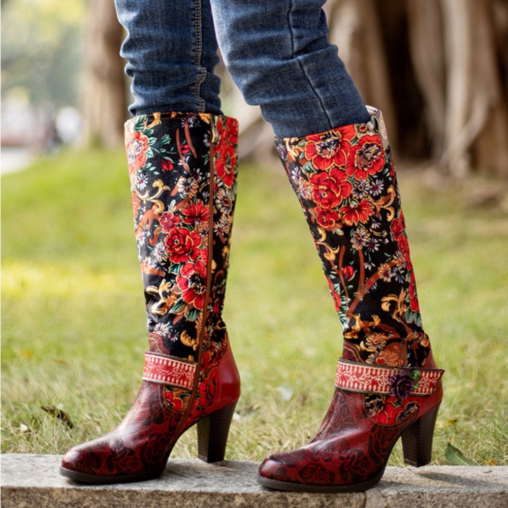 SOFFIA | WOMENS GENUINE LEATHER PEONY PAISLEY BOHO KNEE BOOTS-size 39 (US 8.5/9)